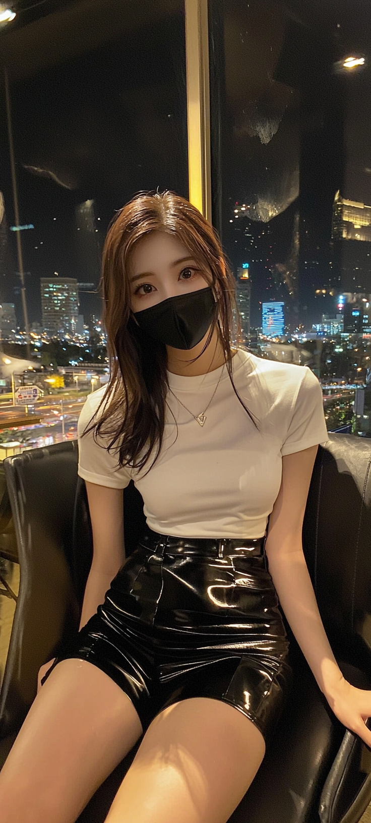 Smiling Japanese idol in stylish outfit, Osaka night view.