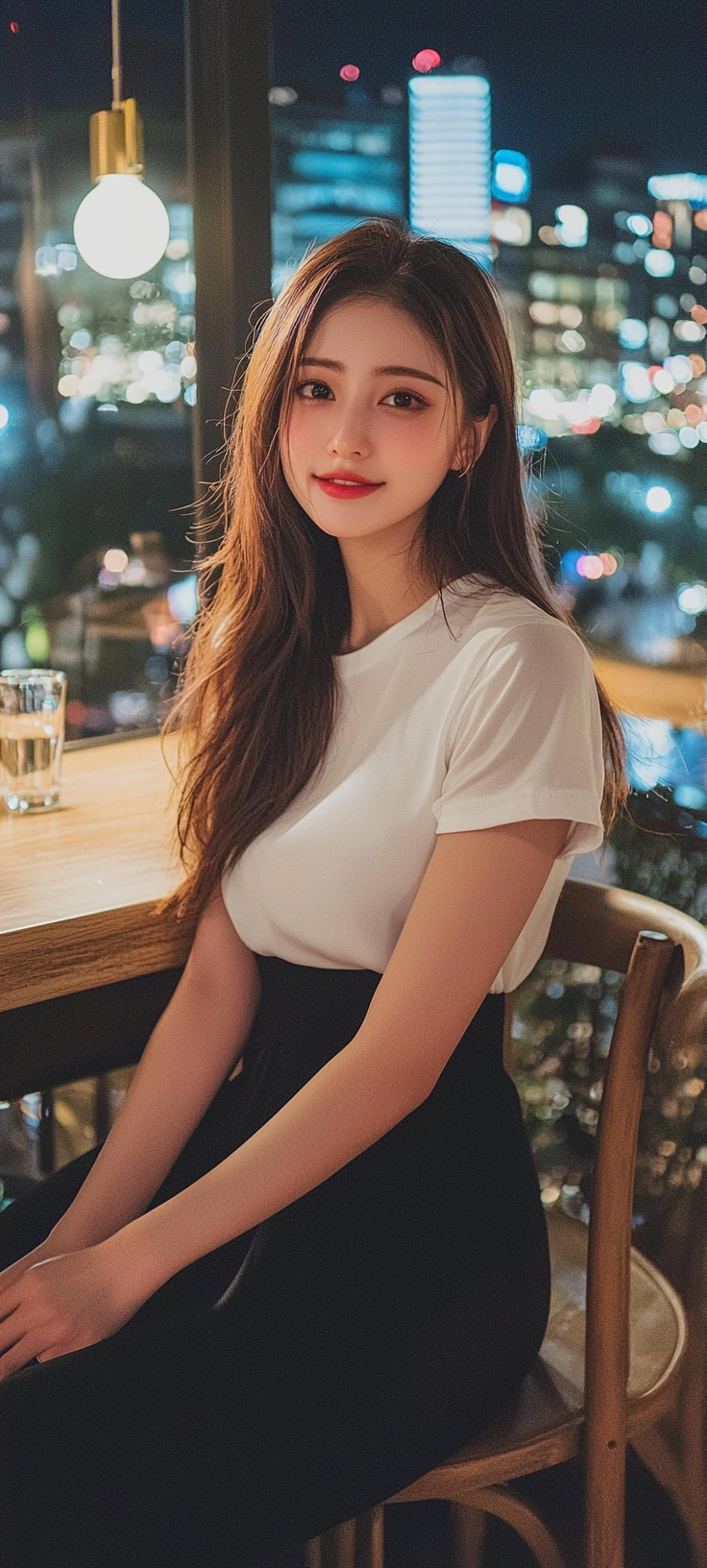 Smiling Japanese woman in stylish outfit at bar.