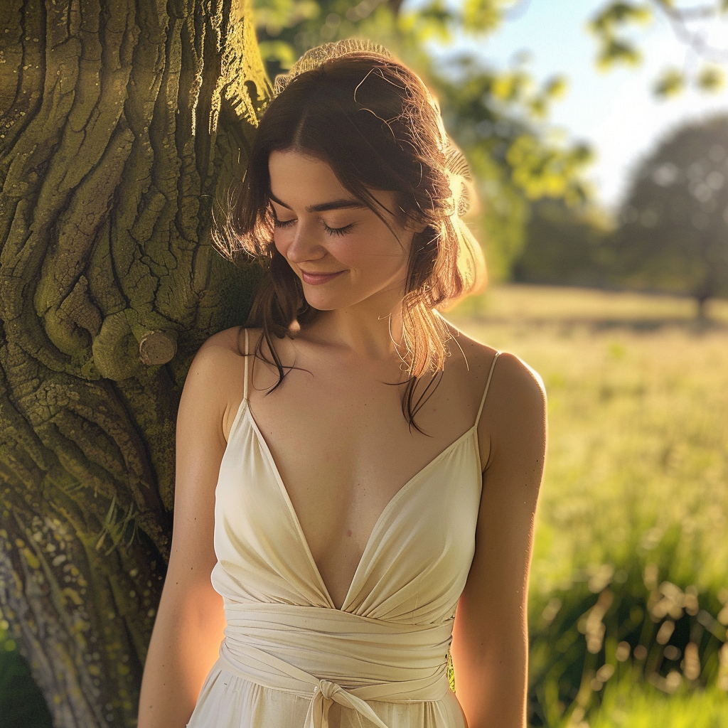 Smiling Jenna in halter dress under English sun