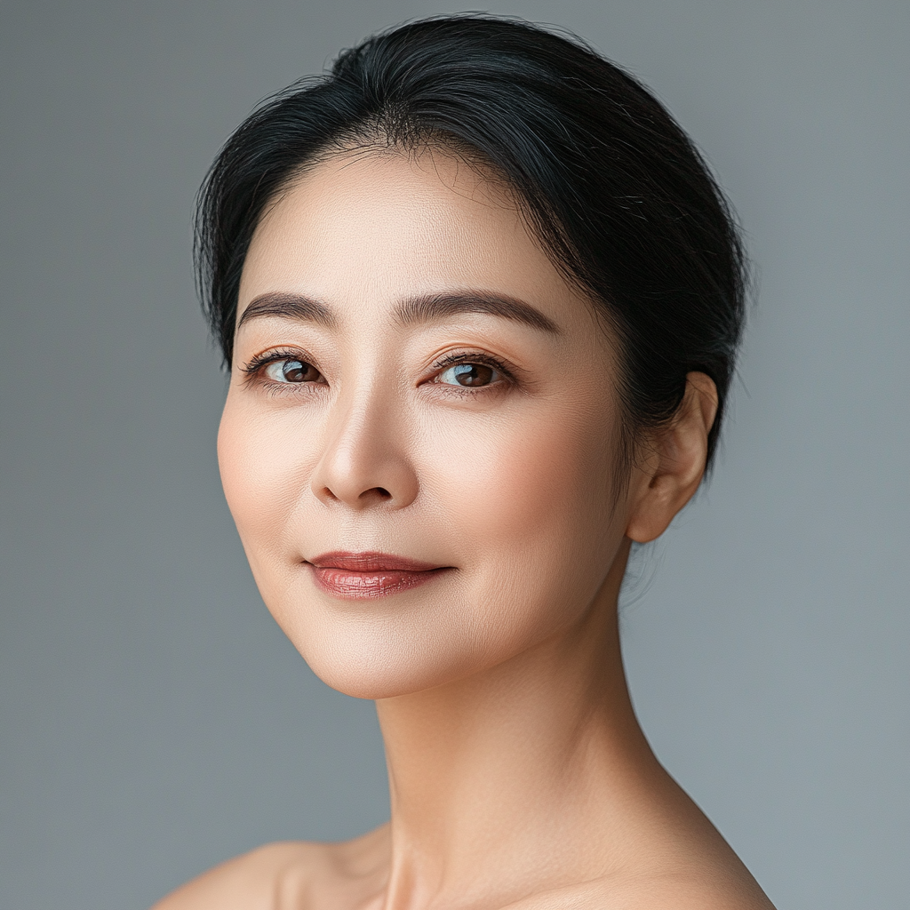 Smiling Korean woman in fifties for skincare ad.