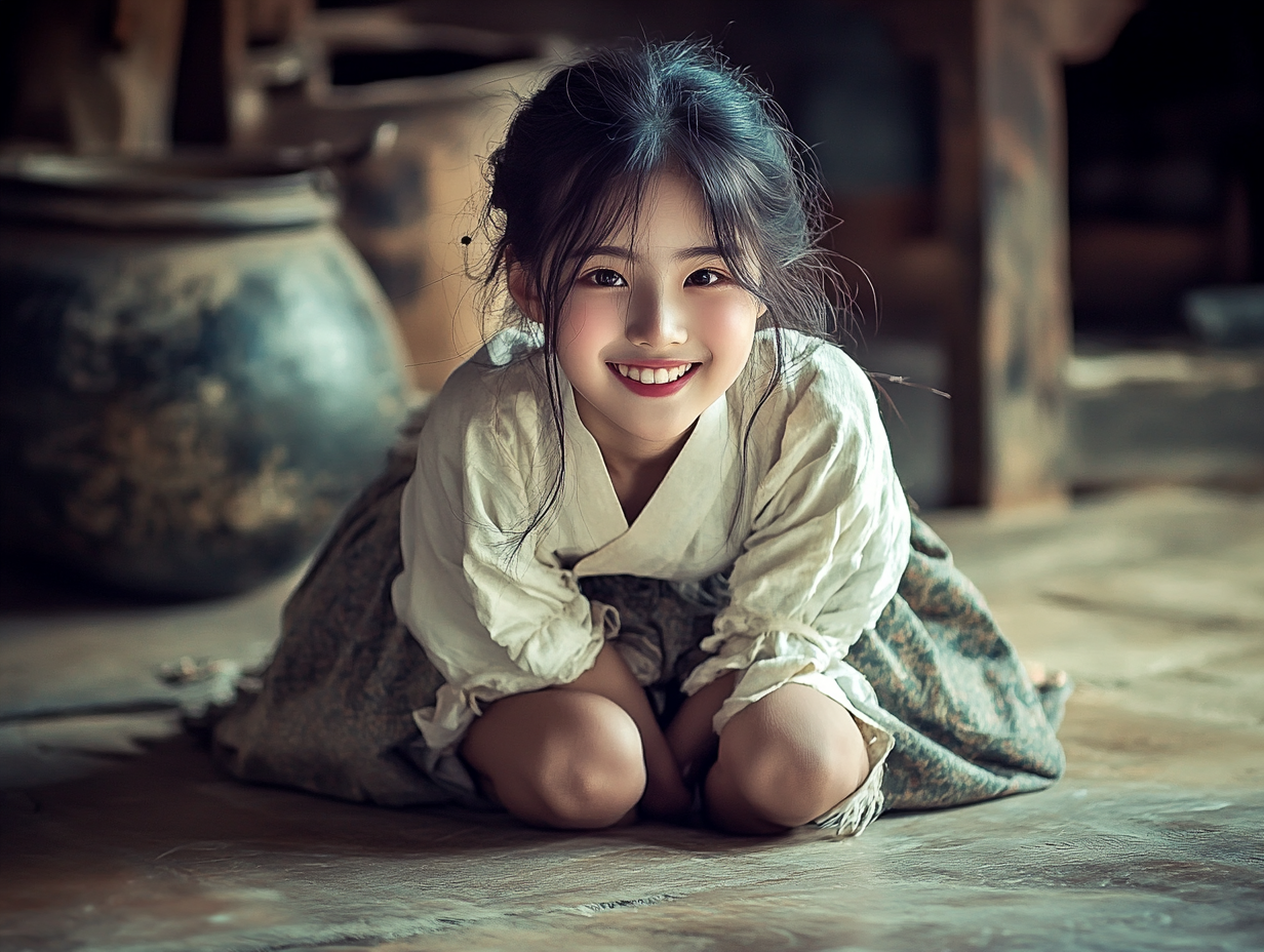 Smiling Korean woman in peasant girl outfit, hugging knees.