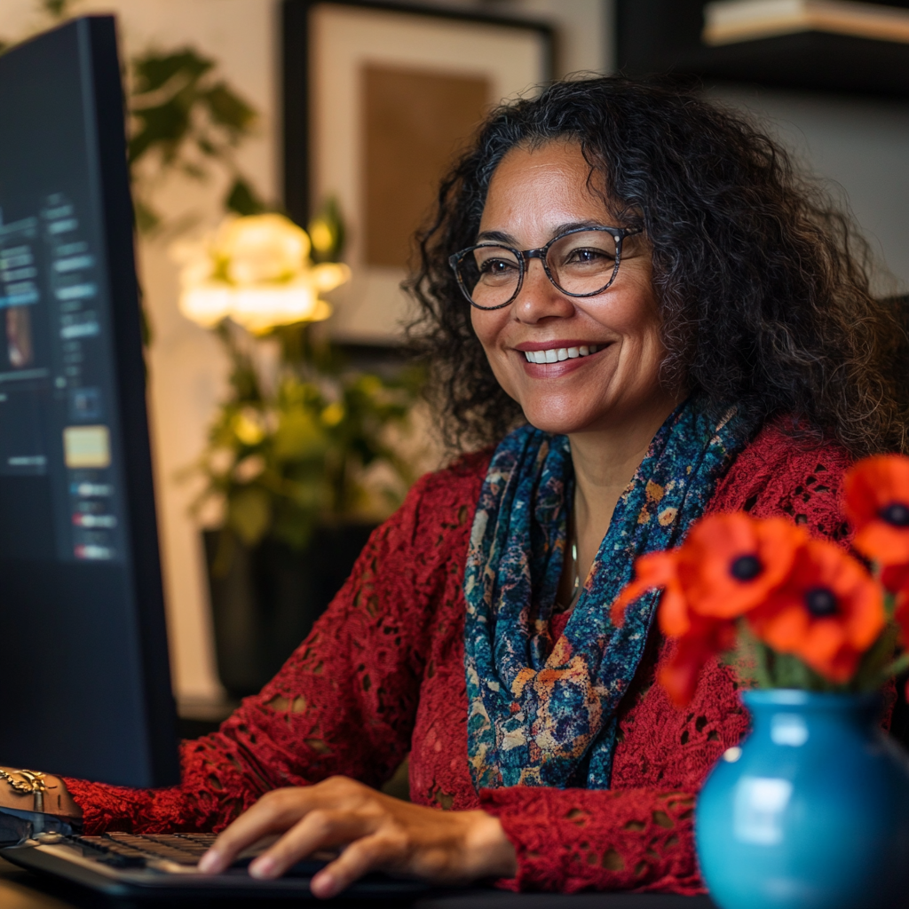 Smiling Latina woman at computer during virtual meeting.