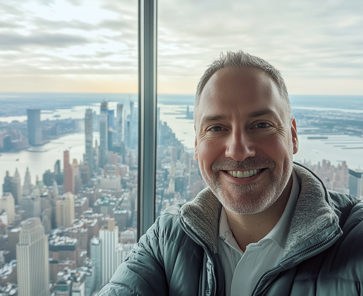 Smiling Mature Man's Selfie in High-Rise New York Office