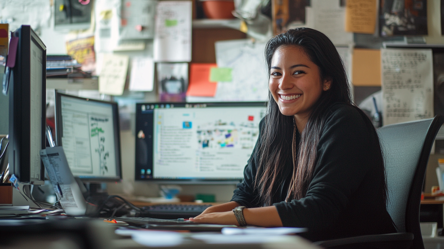 Smiling Mexican woman working in colorful office