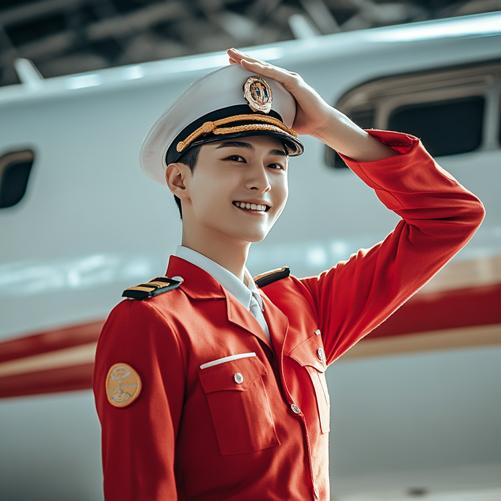 Smiling Pilot in Red Uniform Stands by Airplane