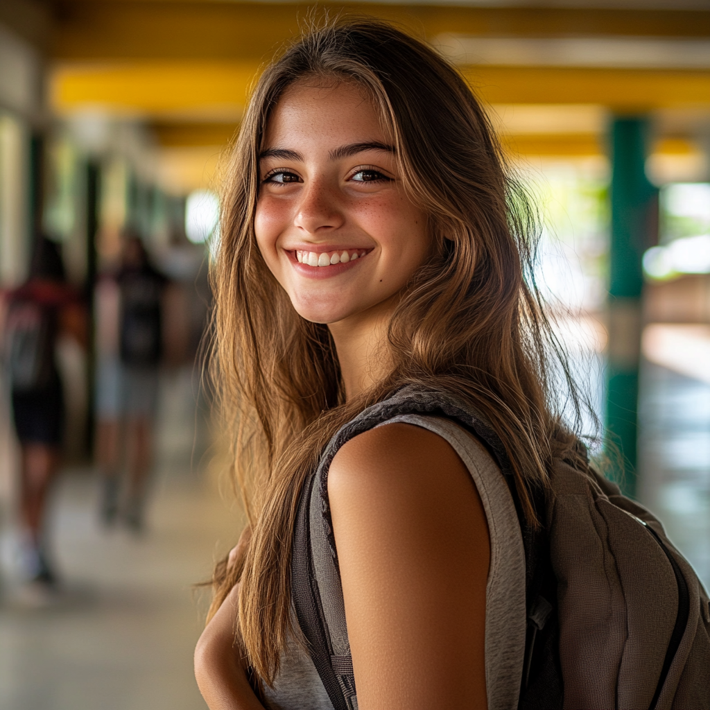 Smiling Spanish student with school backpack and Sony A7III.