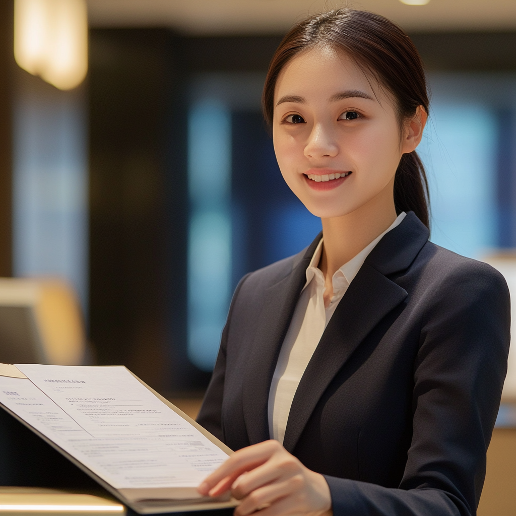 Smiling Taiwanese female bank employees introducing low-interest loans