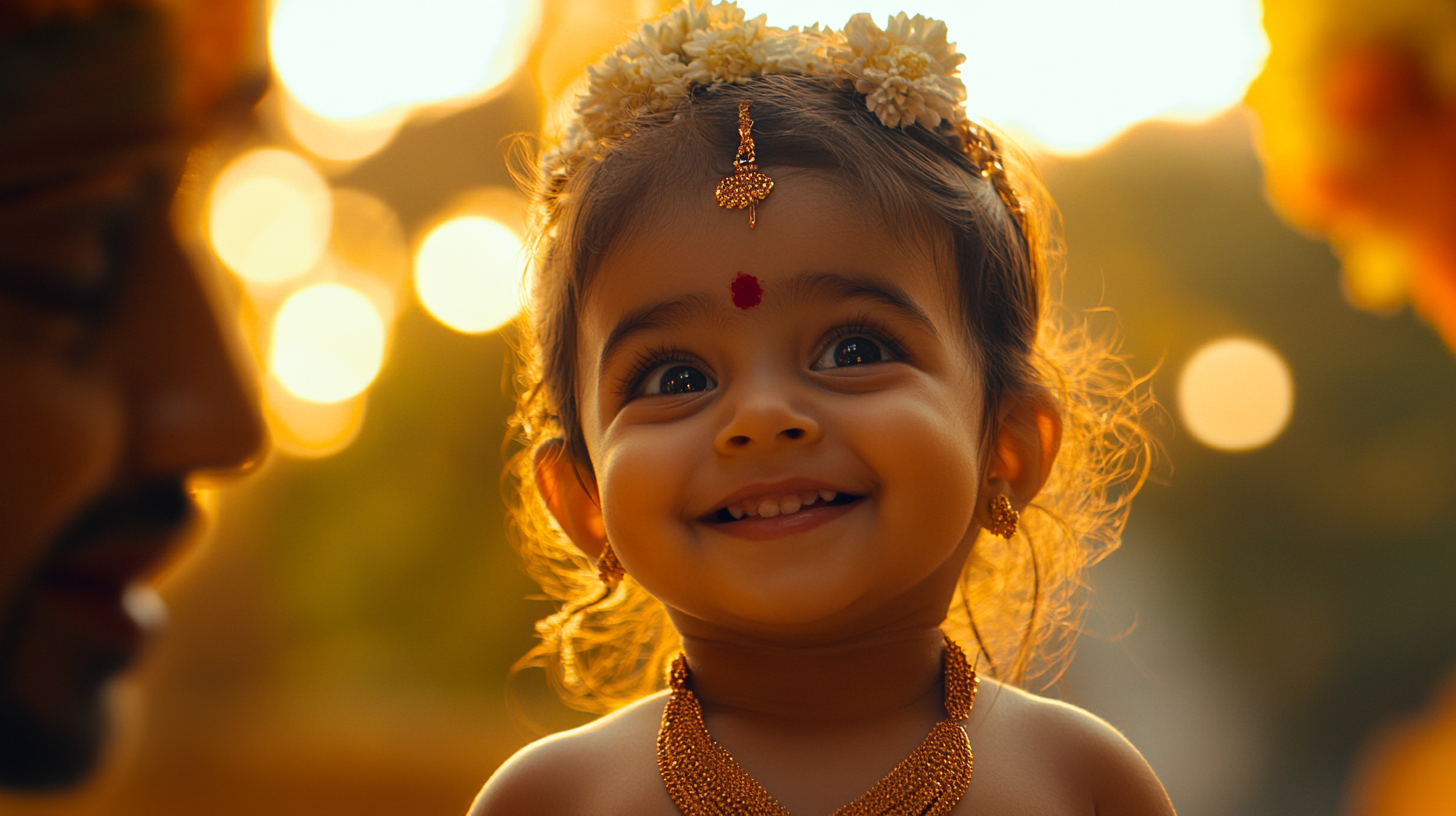 Smiling Tamil baby girl in warm cinematic frame.