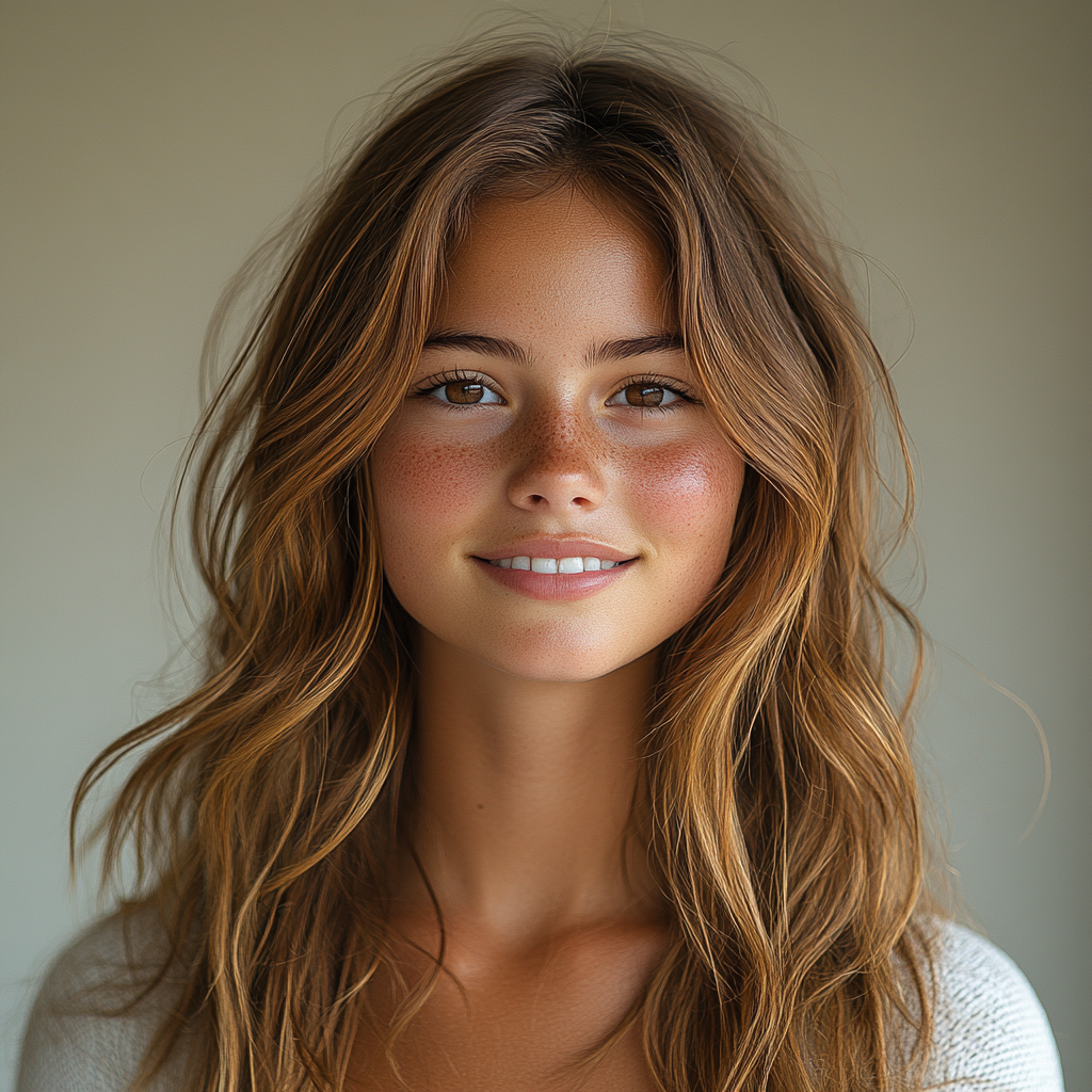 Smiling Teenage Girl Stands on Surfboard