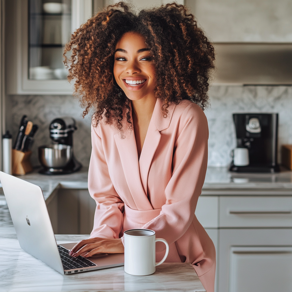 Smiling black woman with laptop in stylish kitchen.