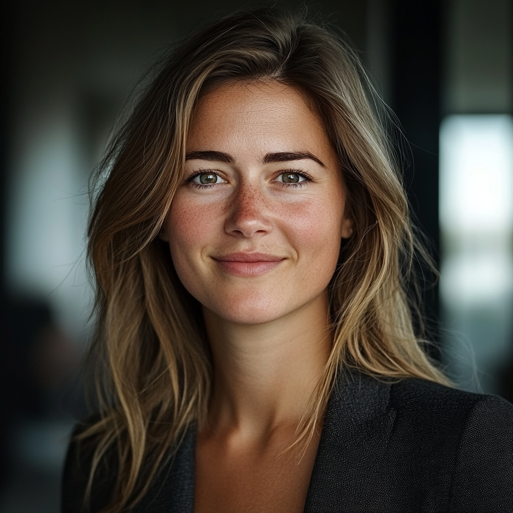 Smiling businesswoman, photo taken with Fuji X100V camera.