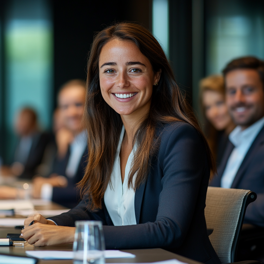 Smiling businesswoman leading office meeting