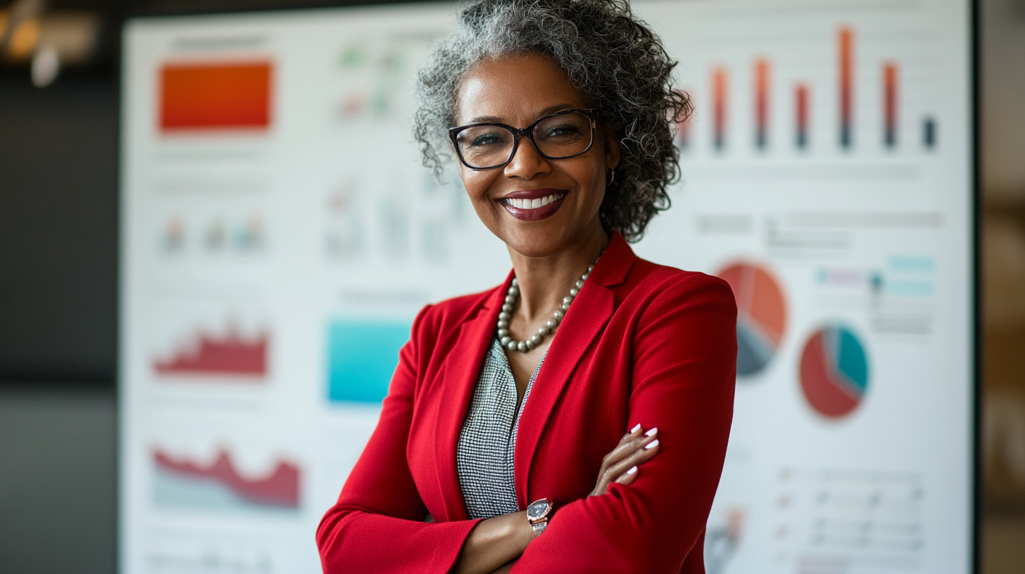 Smiling businesswoman with data analysis insights, red and blue.