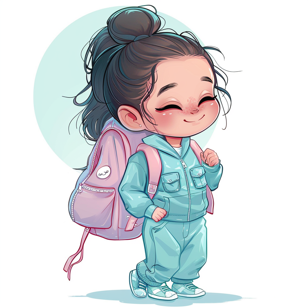 Smiling chibi girl in pink suit, backpack