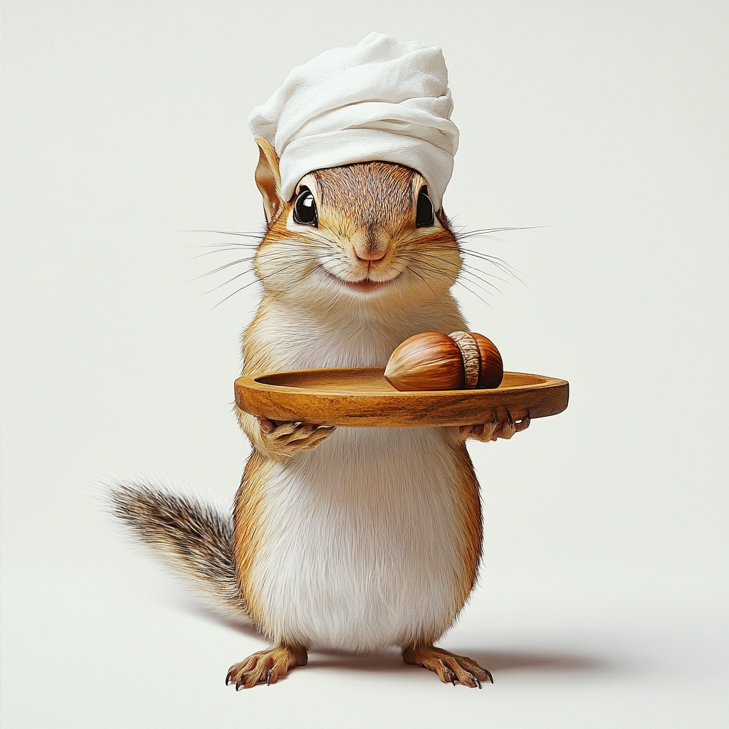 Smiling chipmunk holds acorn on wood tray, white background.