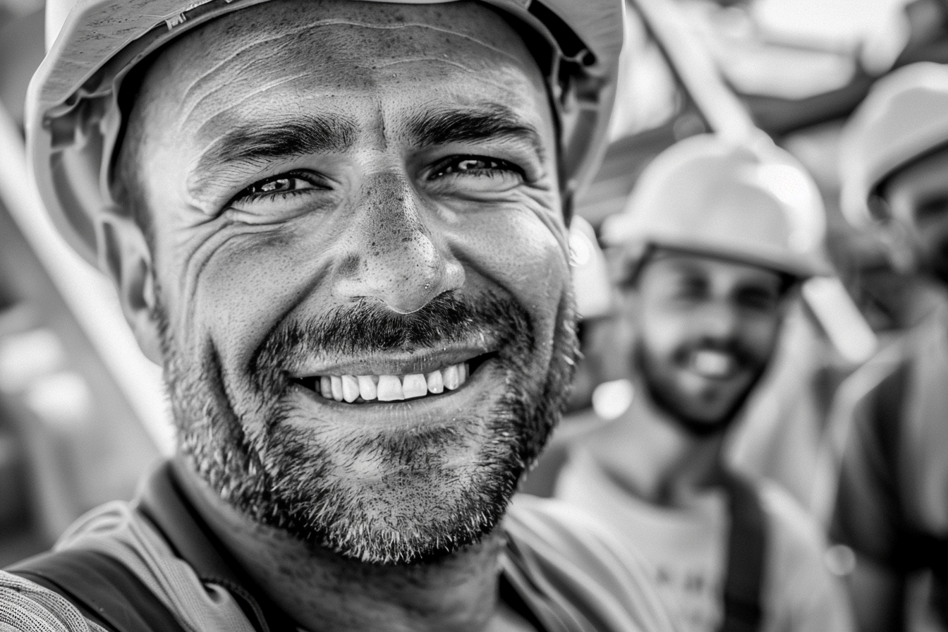 Smiling construction worker taking selfie with team in black-&-white.