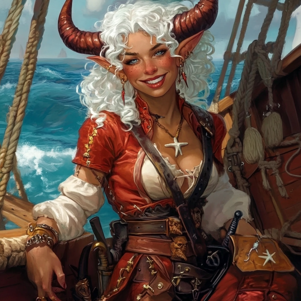 Smiling devil pirate girl on ship deck.