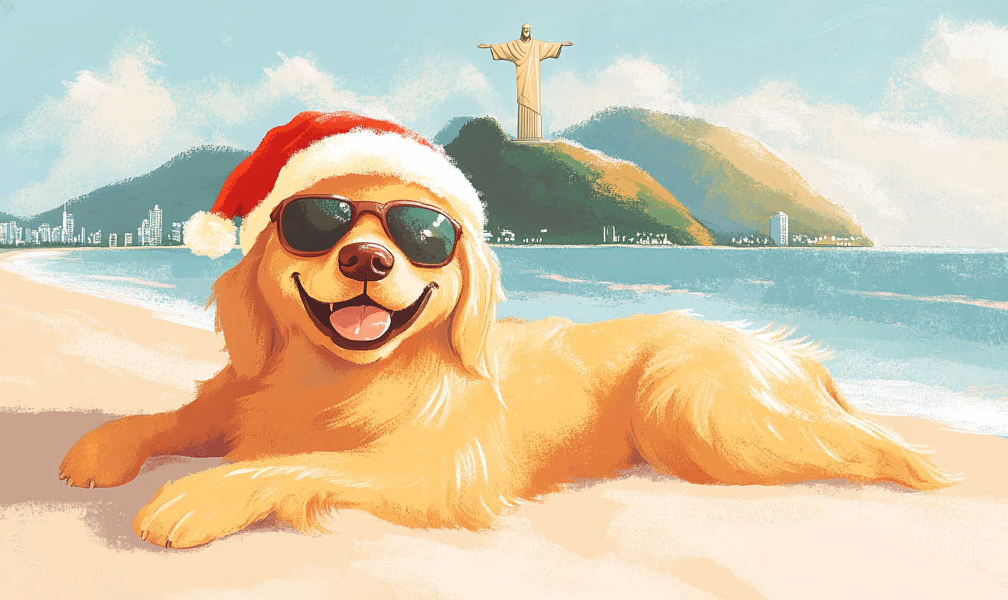 Smiling dog in sunglasses and Santa hat on beach.