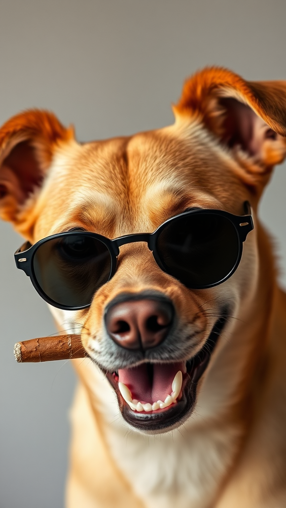 Smiling dog in sunglasses and cigar portrait art.