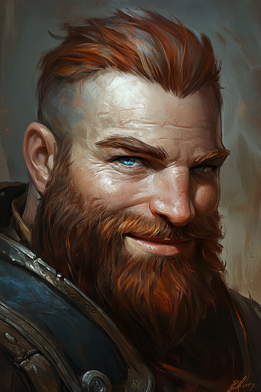 Smiling dwarf with blue eyes and auburn hair.