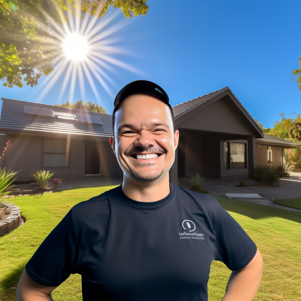 Smiling engineer at house in sunny weather caricature