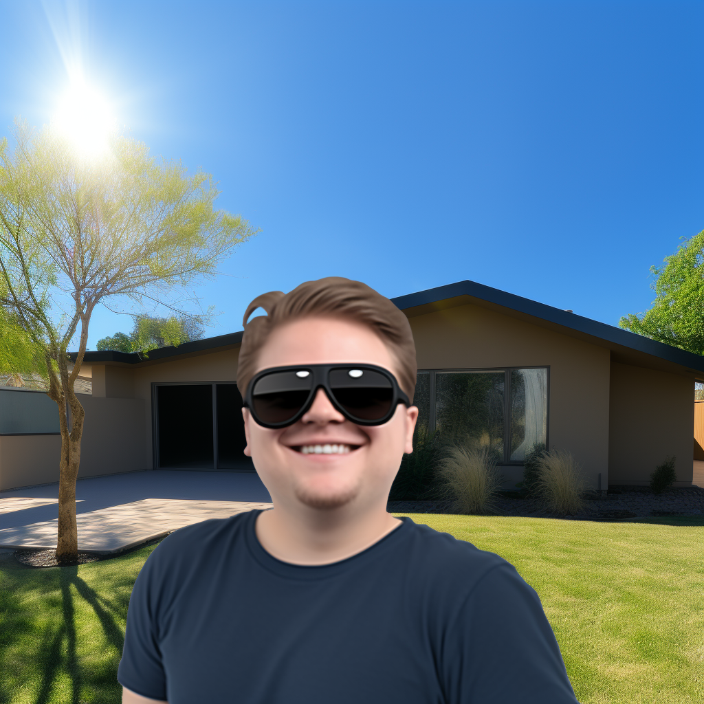 Smiling engineer in black shirt at sunny house