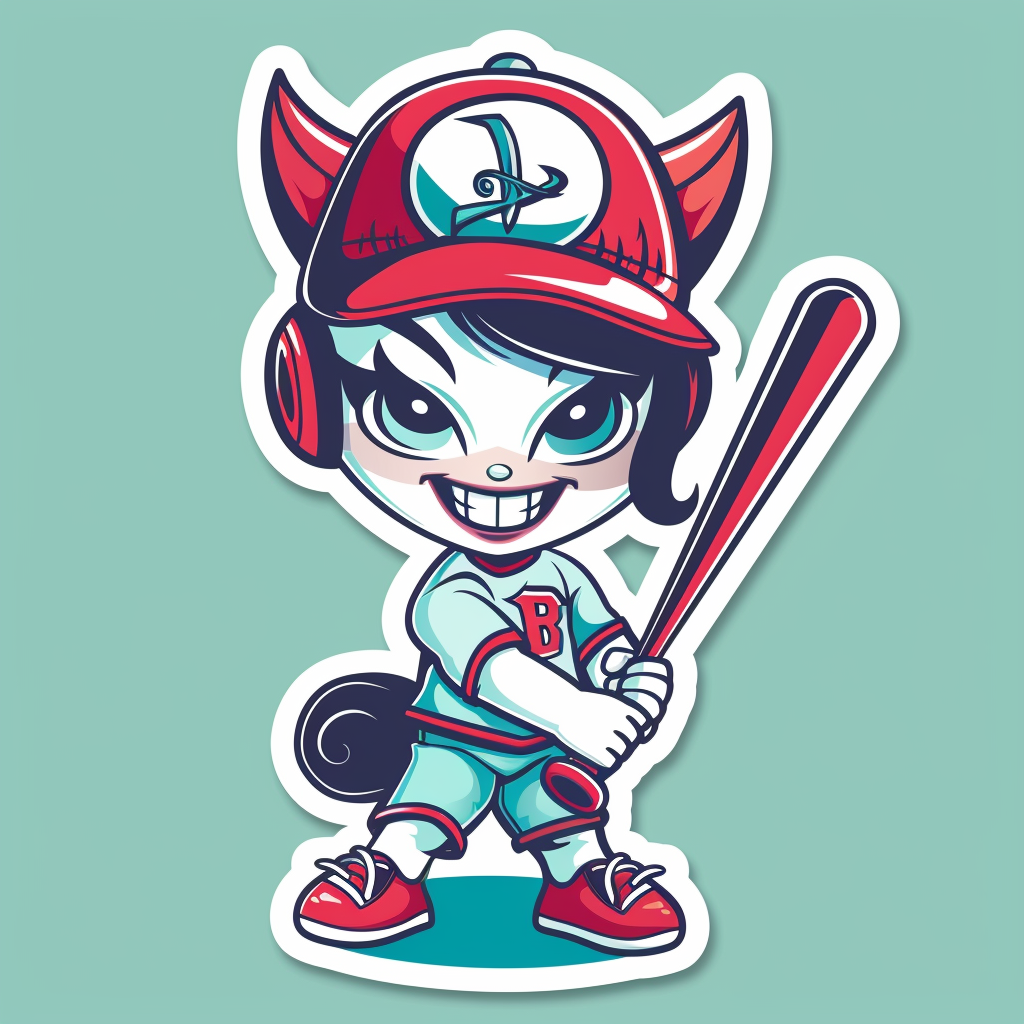 Smiling female devil in baseball outfit with bat, sticker.