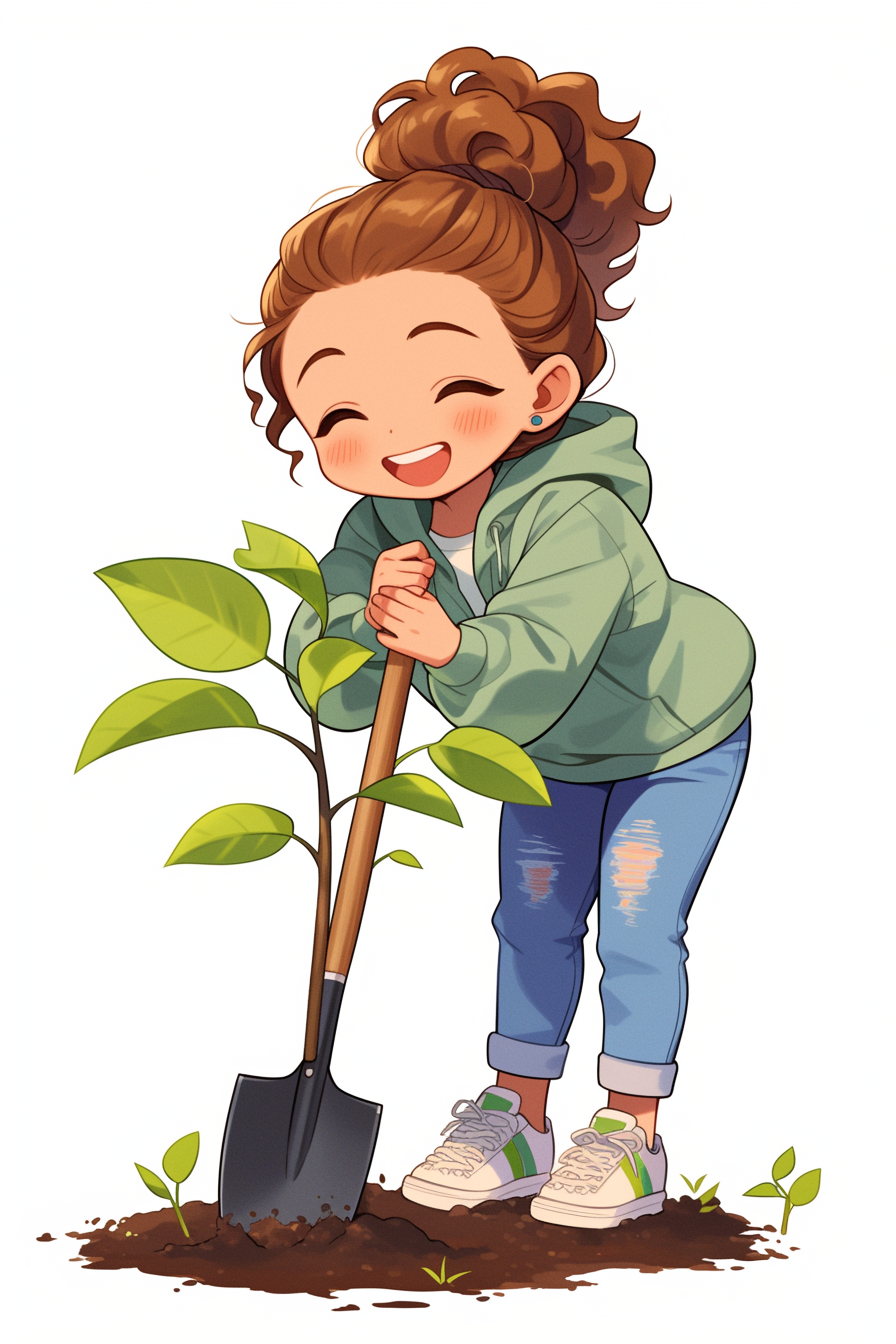 Smiling girl gardening in cute chibi style art