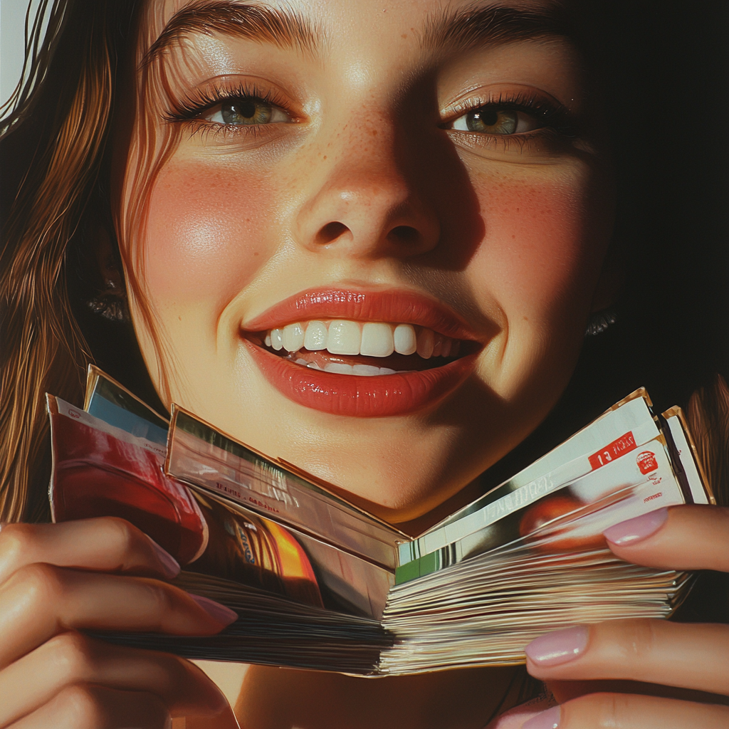 Smiling girl holding stack of glossy advertising leaflets