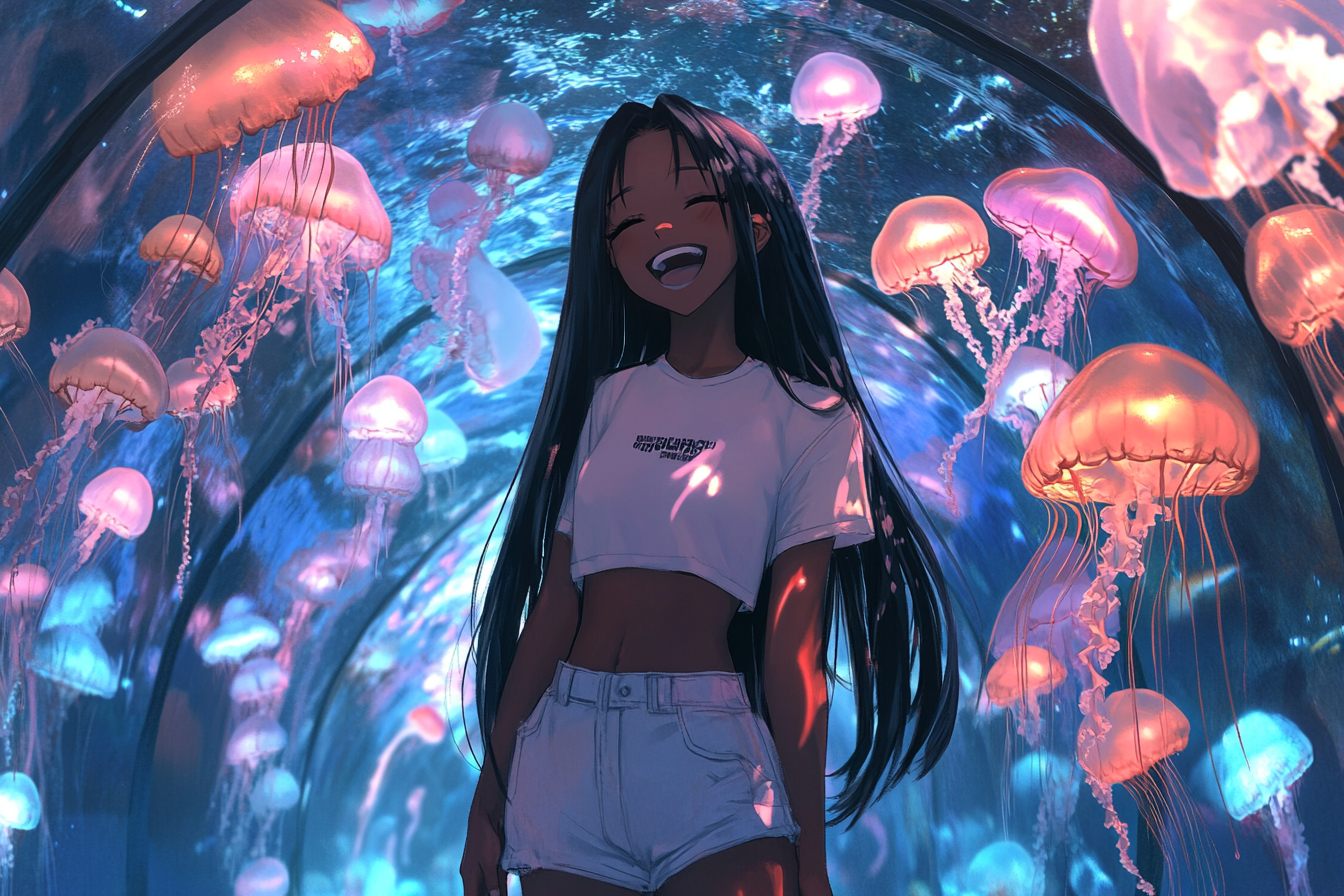 Smiling girl in tunnel with jellyfish at Aquarium.