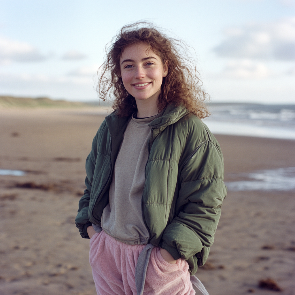 Smiling girl on British beach in autumn