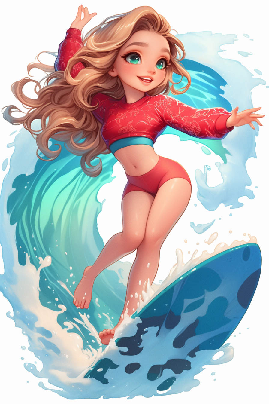 Smiling girl surfing on big waves in kawaii style