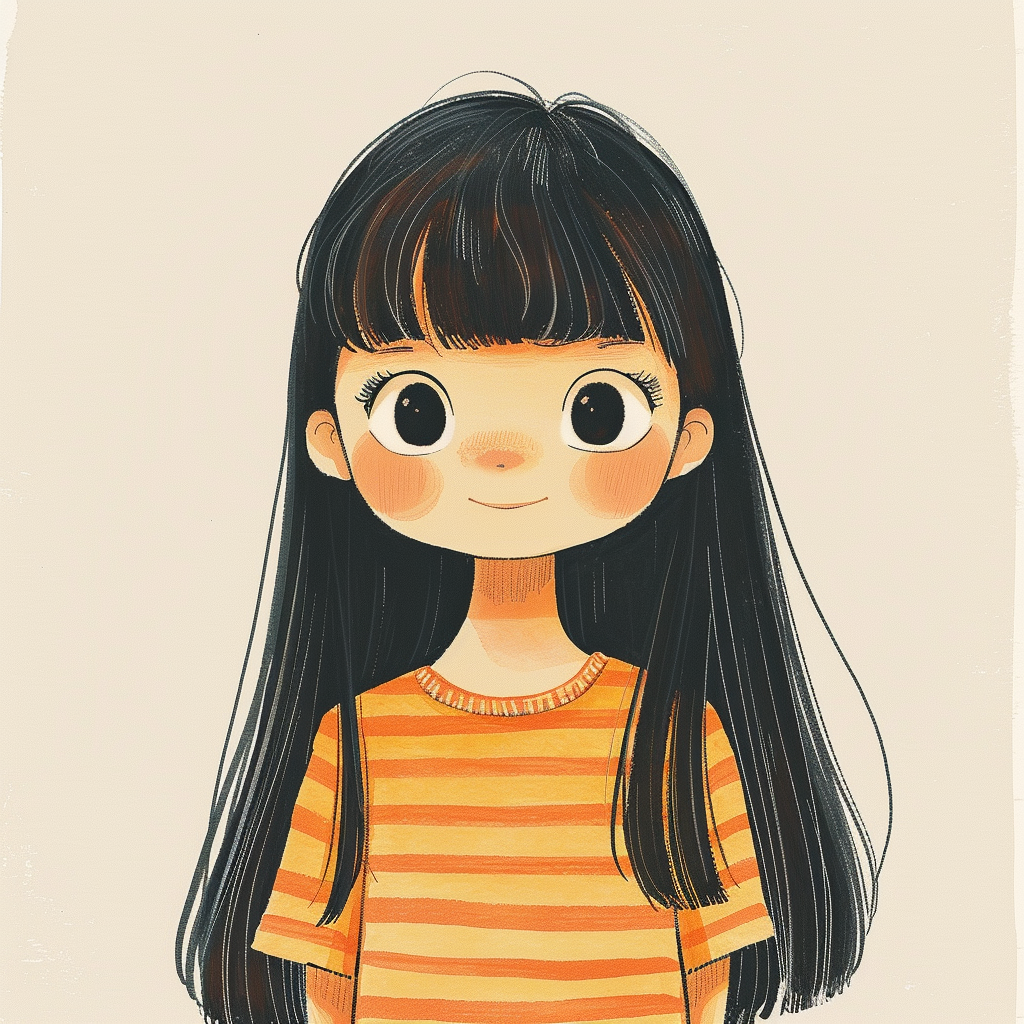 Smiling girl with big eyes in vintage style drawing.