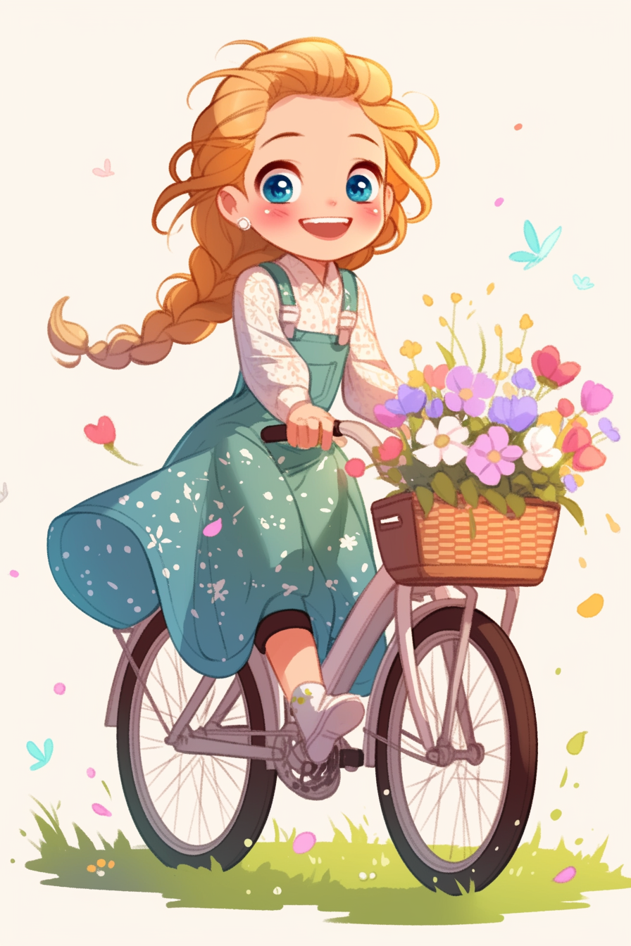 Smiling girl with flowers riding bicycle in style