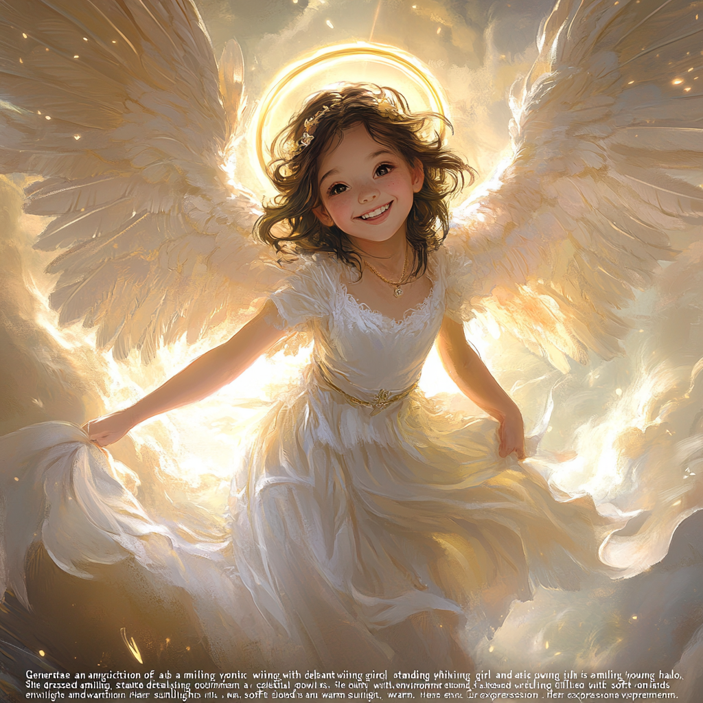 Smiling girl with radiant wings and glowing halo, serene.