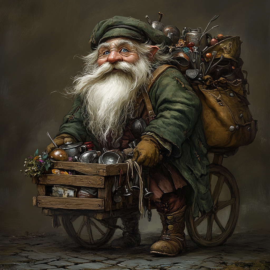 Smiling gnome Finnigan with white beard sells household items.