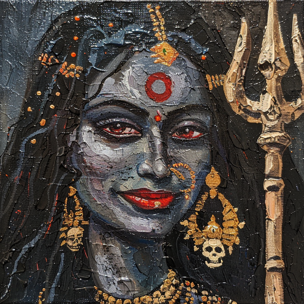 Smiling goddess Kali with trident and skull saree portrait.