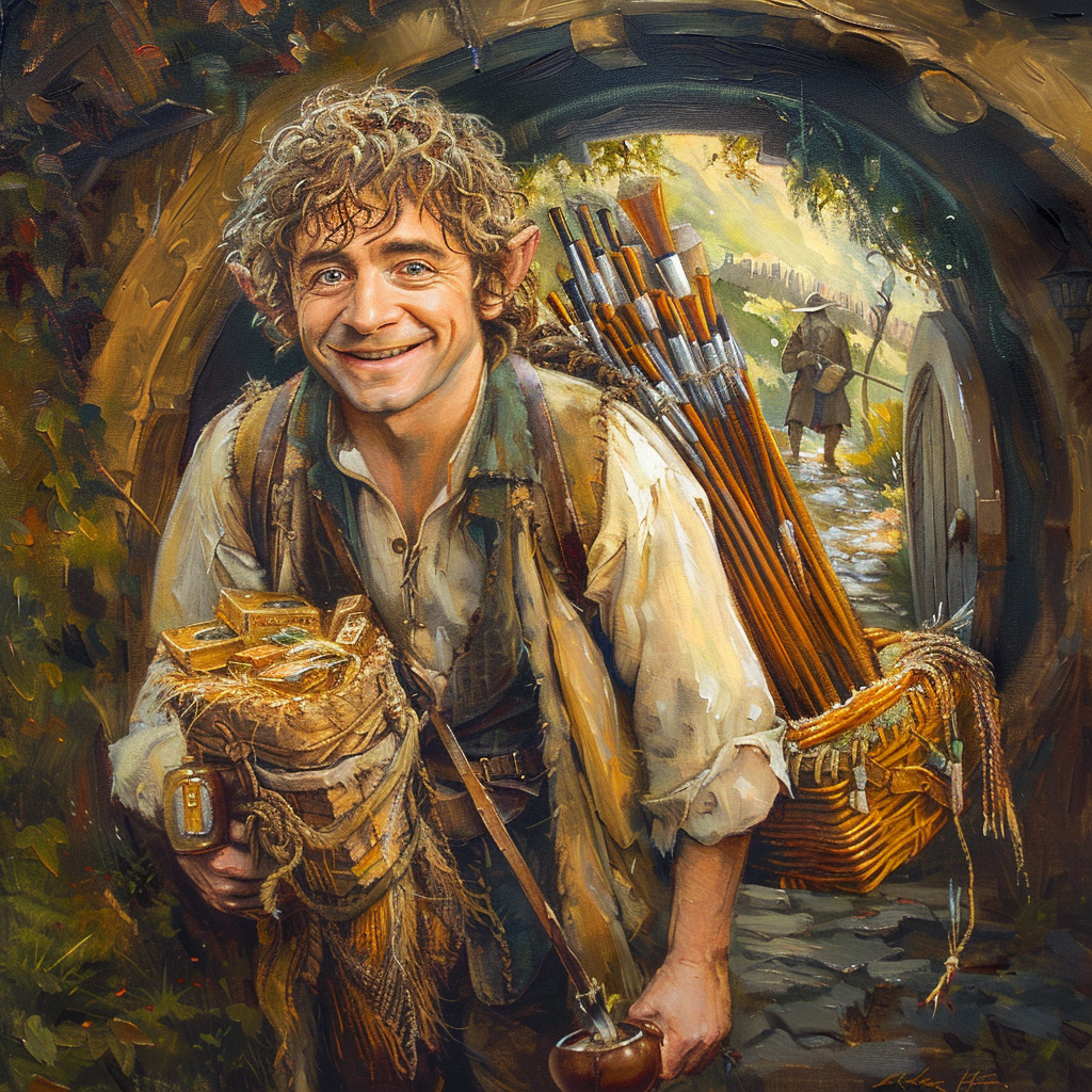 Smiling hobbit with pipe and crate of pipes in Hobbiton.