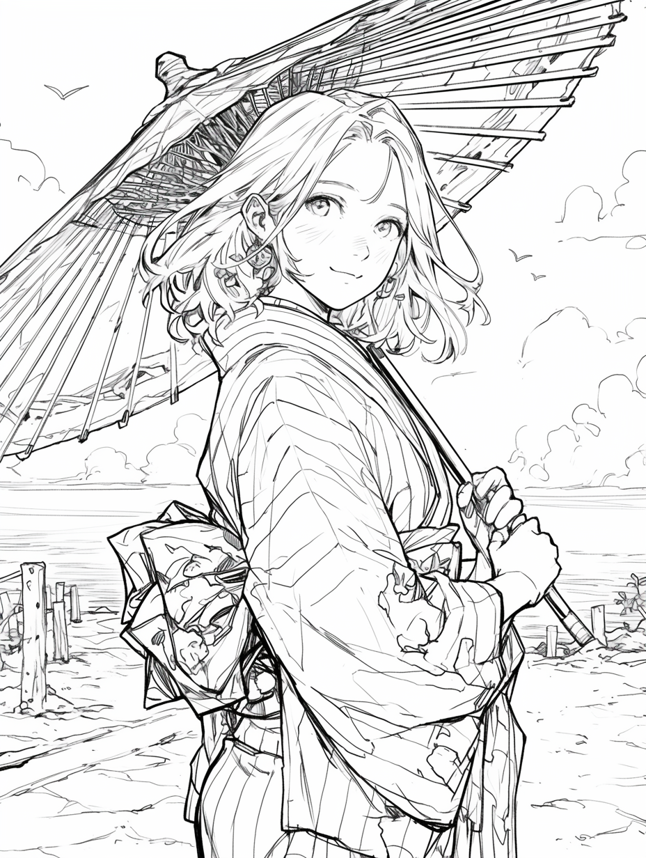 Smiling kimono girl coloring book by the sea.