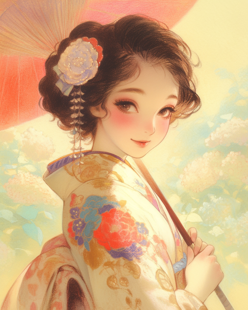 Smiling lady in kimono with parasol in garden.