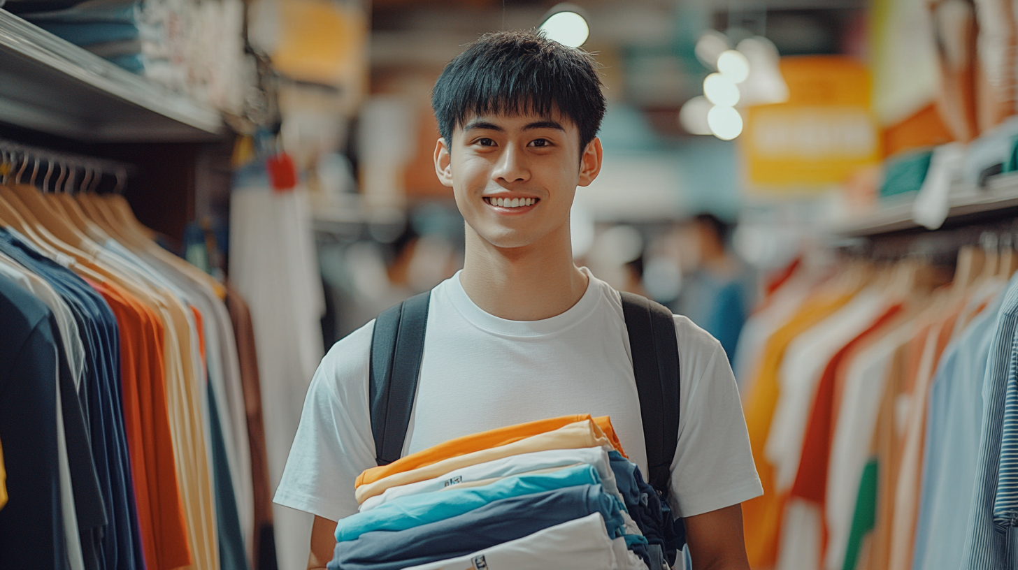 Smiling man holds many shirts in store.