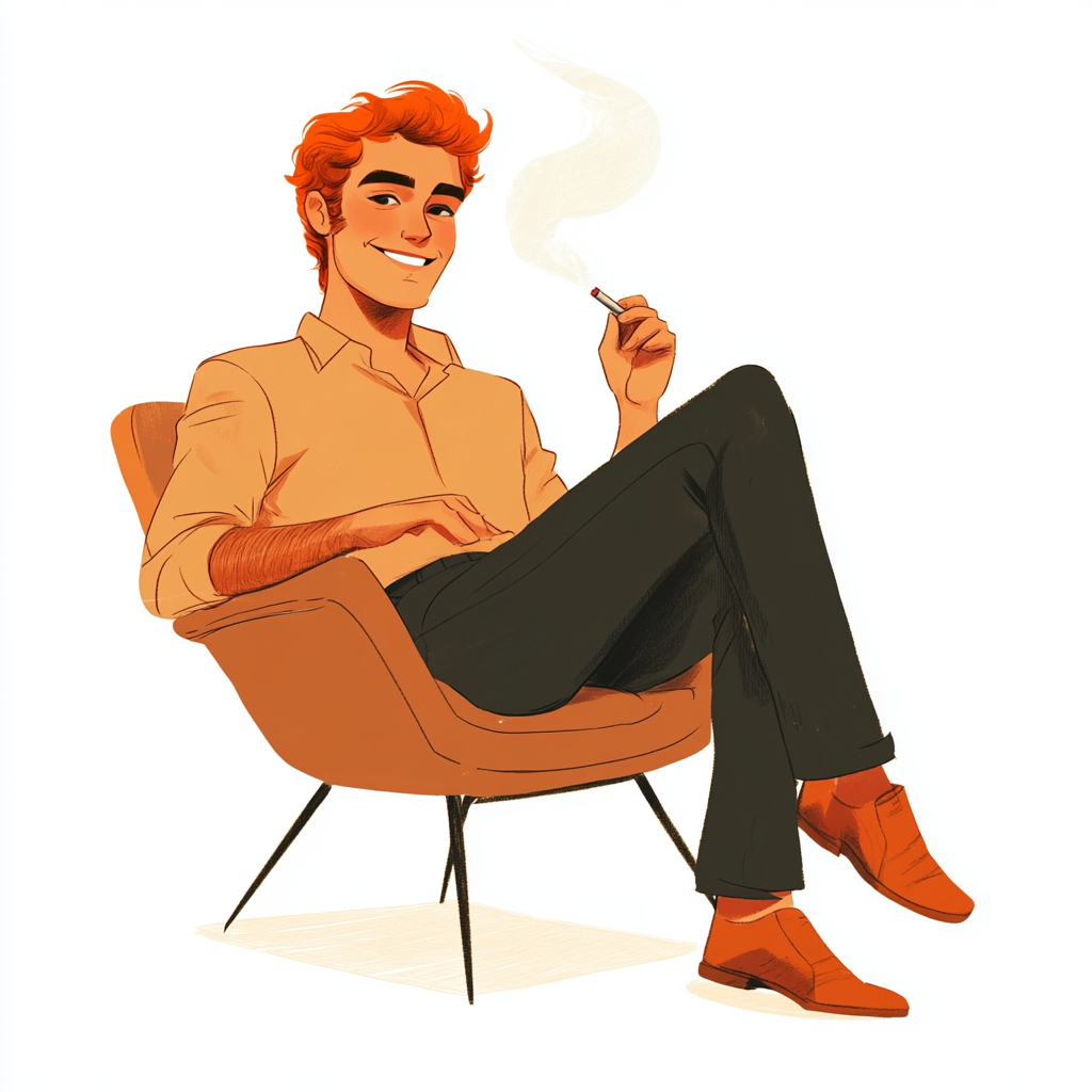 Smiling man in chair with cigarettes, orange hair.