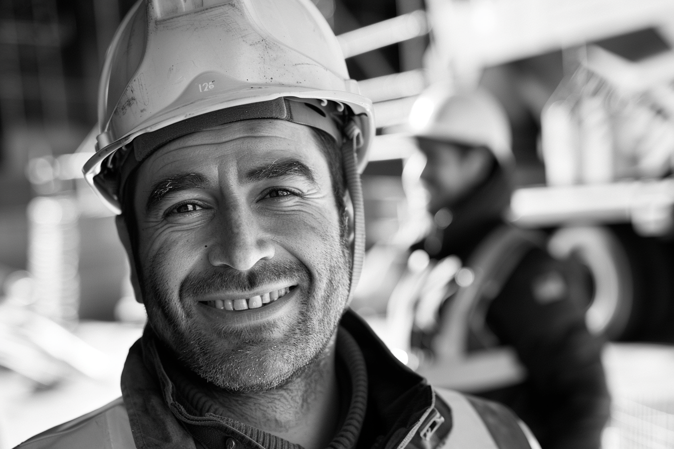 Smiling man in hard hat at construction site portrait.