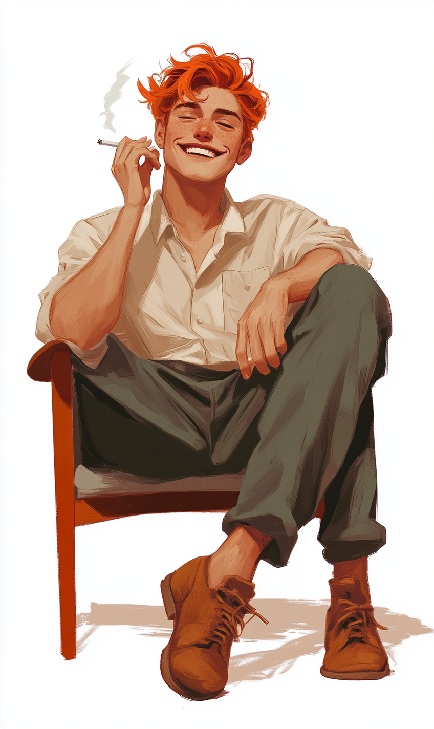 Smiling man sitting in chair with cigarette in hand.