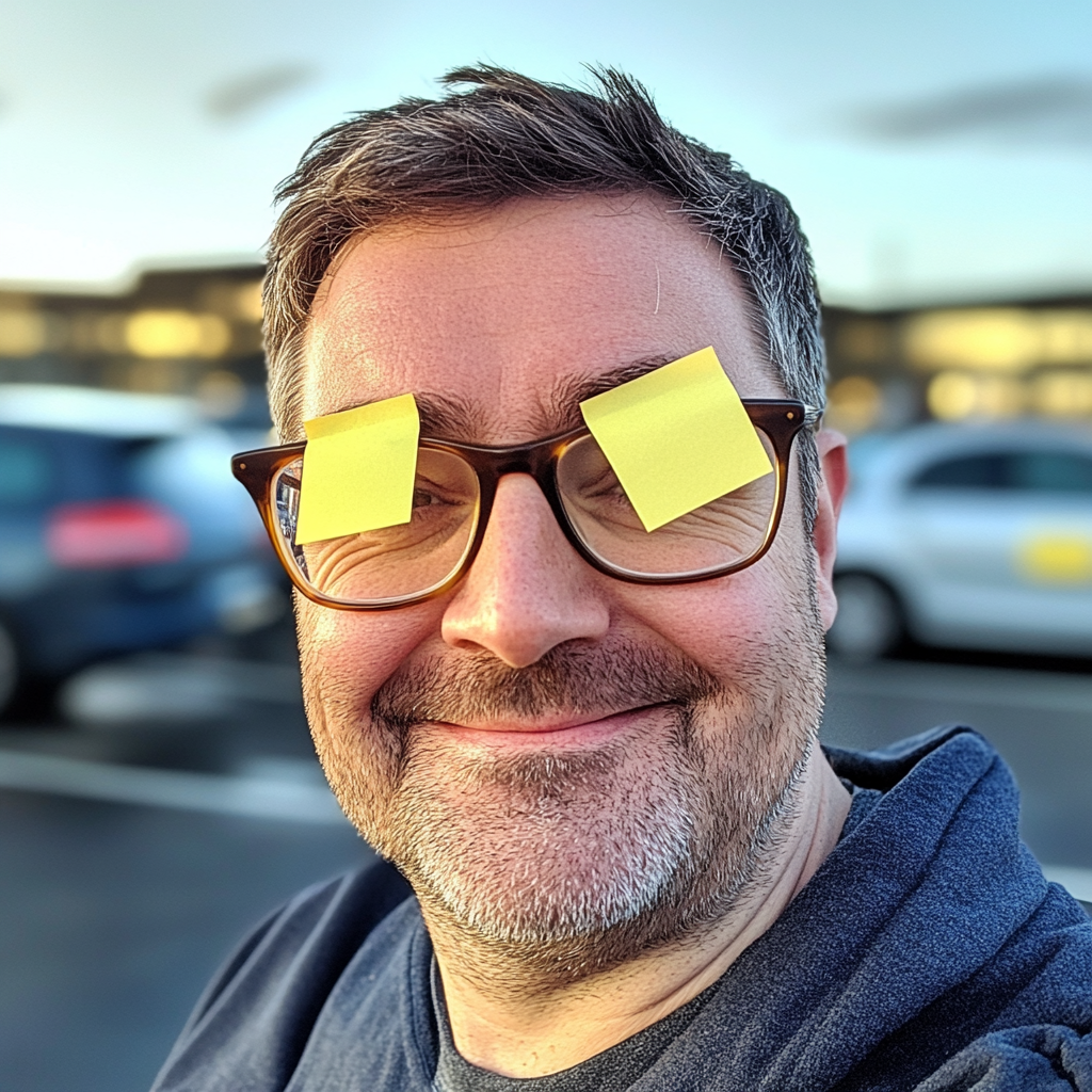 Smiling middle-aged man with post-it notes selfie photo