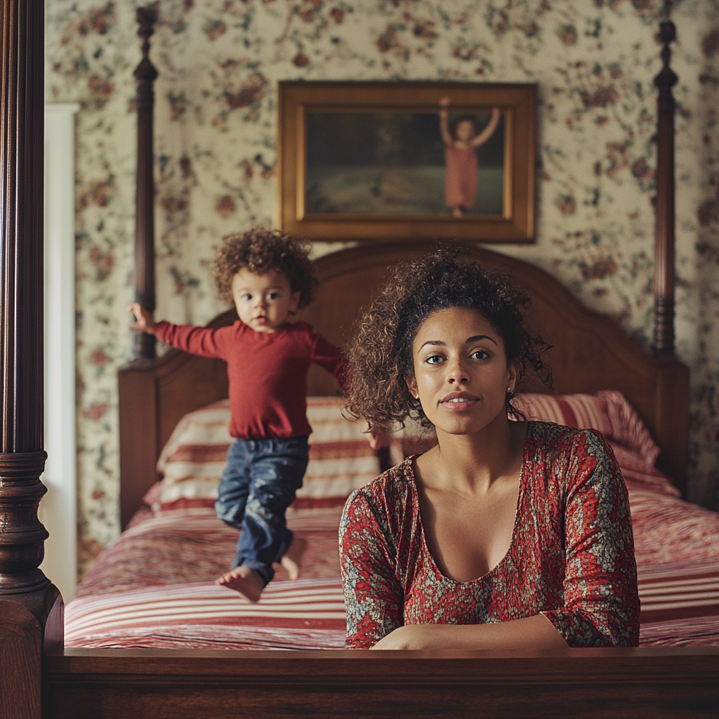 Smiling mother and toddler on bed