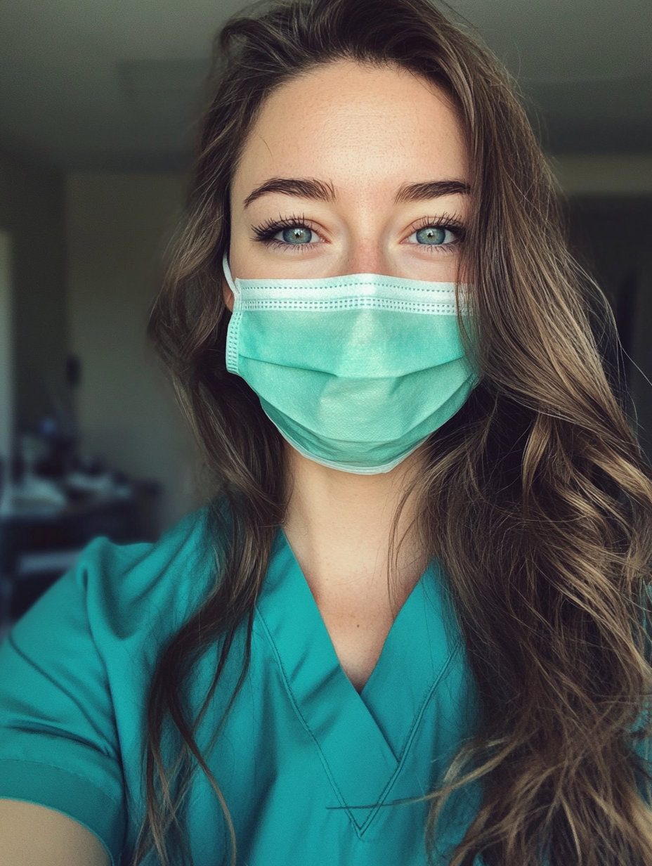 Smiling nurse in scrubs with surgical mask at hospital.