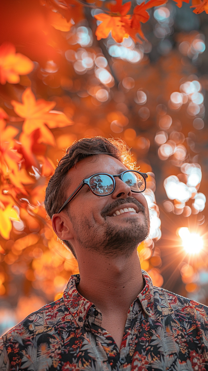 Smiling person, easy decision, Canon camera, aperture. Orange hues.