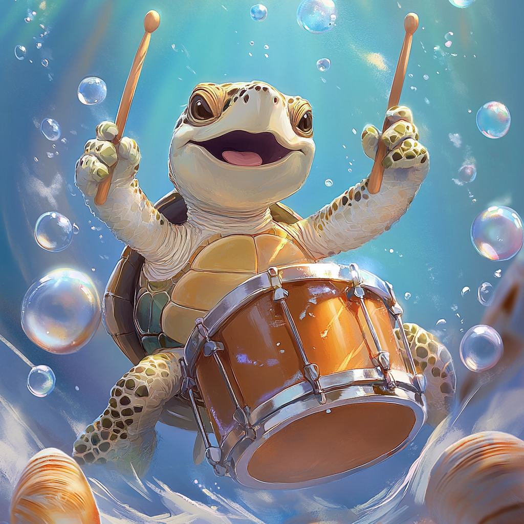 Smiling sea turtle plays shell drum in Fishdom art