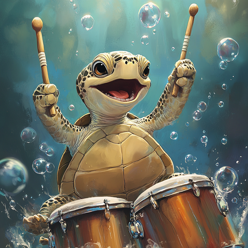 Smiling sea turtle plays shell drum set